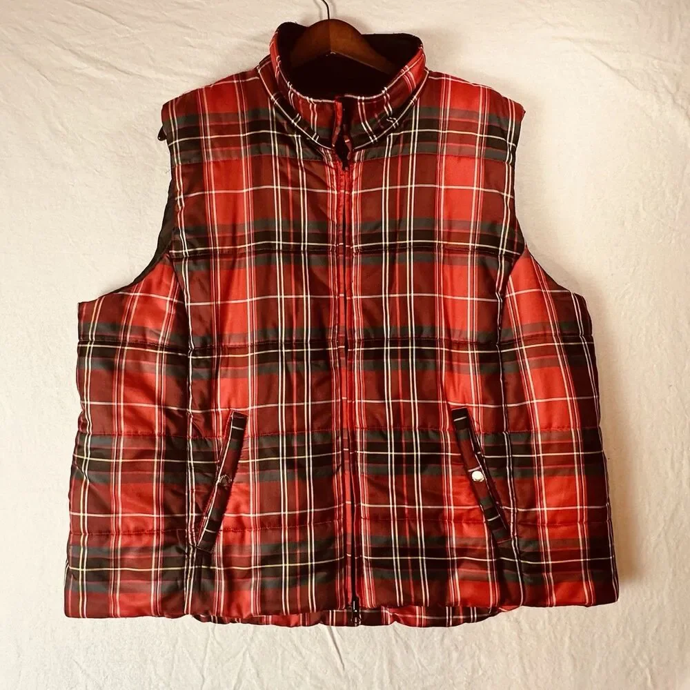 Chaps Ralph Lauren Men’s 3XL Zip Up Vest Red Plaid Pockets Festive Holiday Look